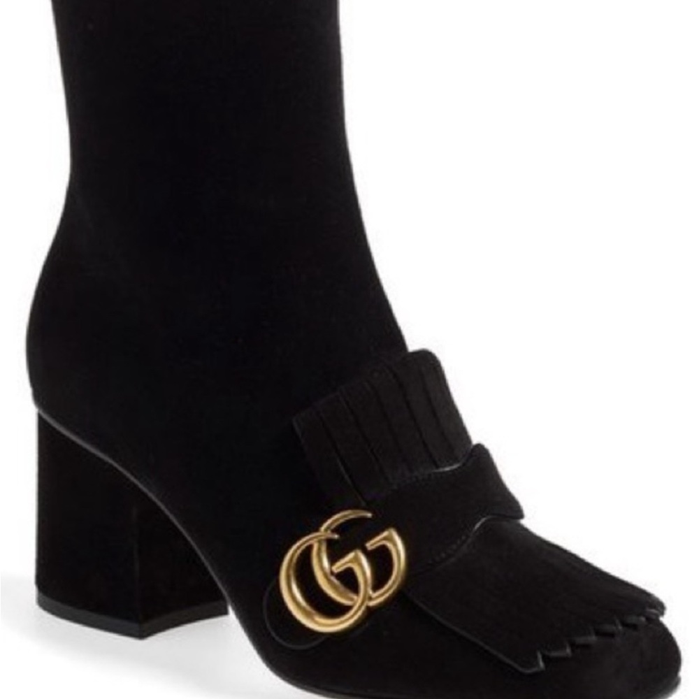 Gucci Black and Gold Heeled Boots with Iconic Design